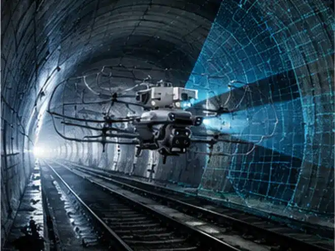 Drohne mit Kollisionsschutzkäfig im Flug in einem Eisenbahntunnel, mit überlagertem Scan des Gewölbes