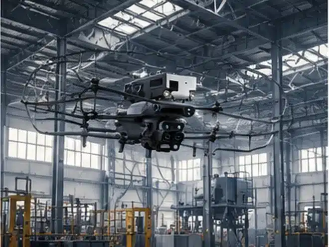 Drohne im Flug unter dem Dach einer Industriehalle mit Stahlkonstruktion