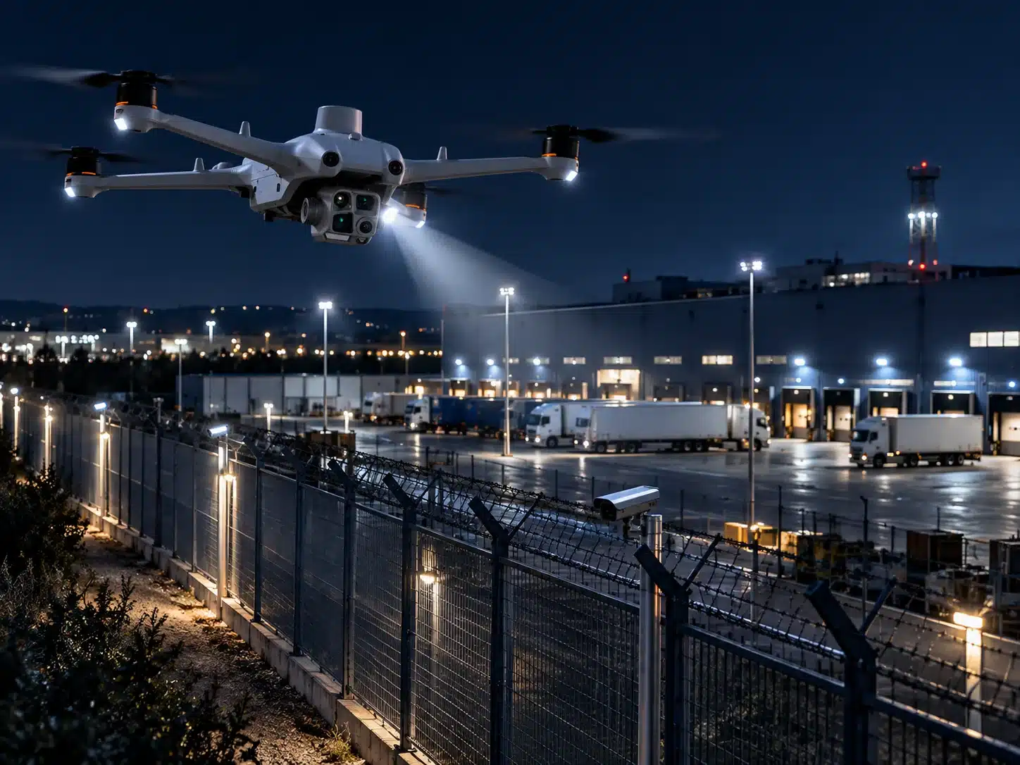 Drone AI in pattugliamento perimetrale notturno su un sito industriale