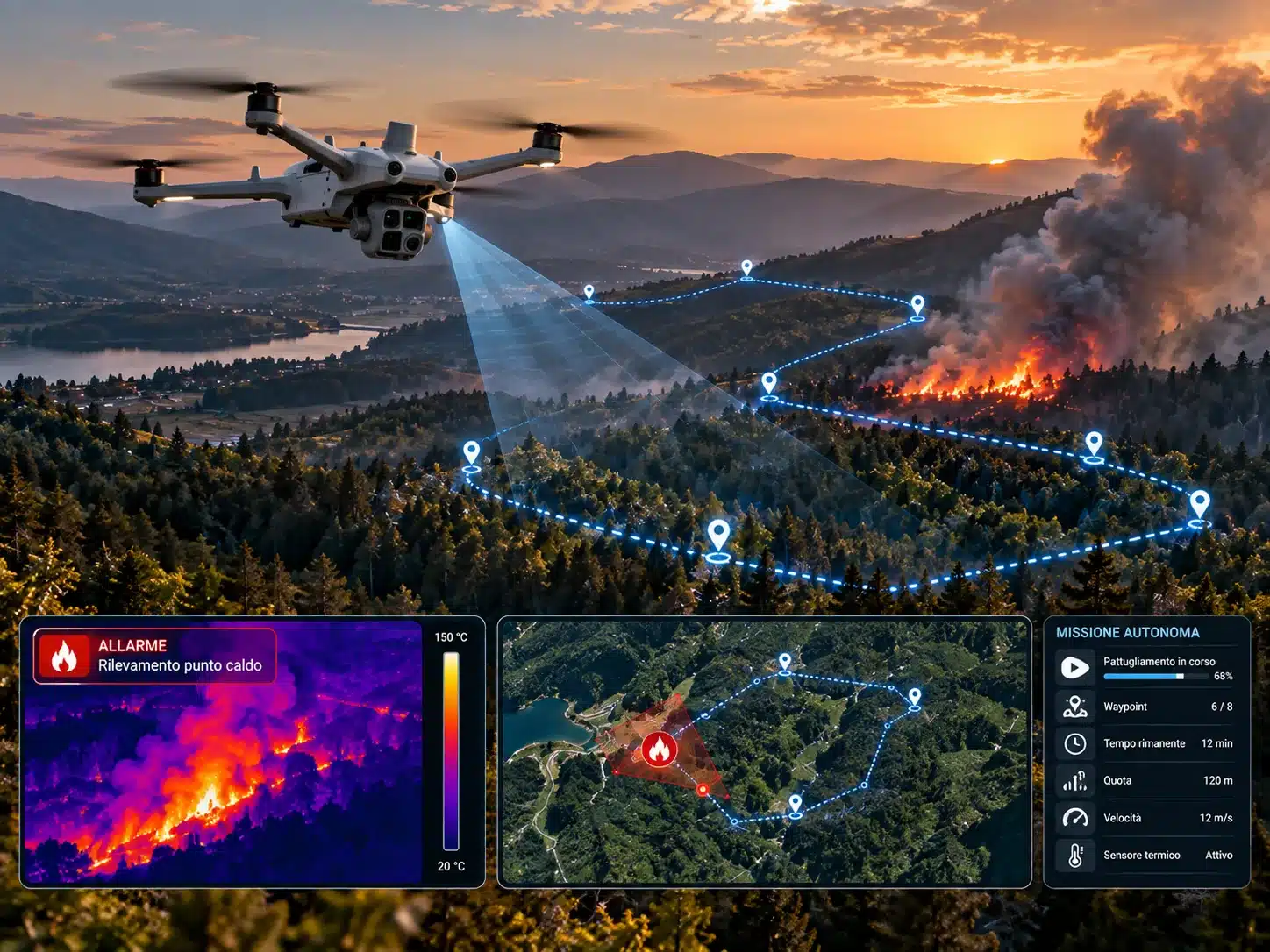 Drone termico autonomo in ronda sopra una foresta per il monitoraggio degli incendi boschivi