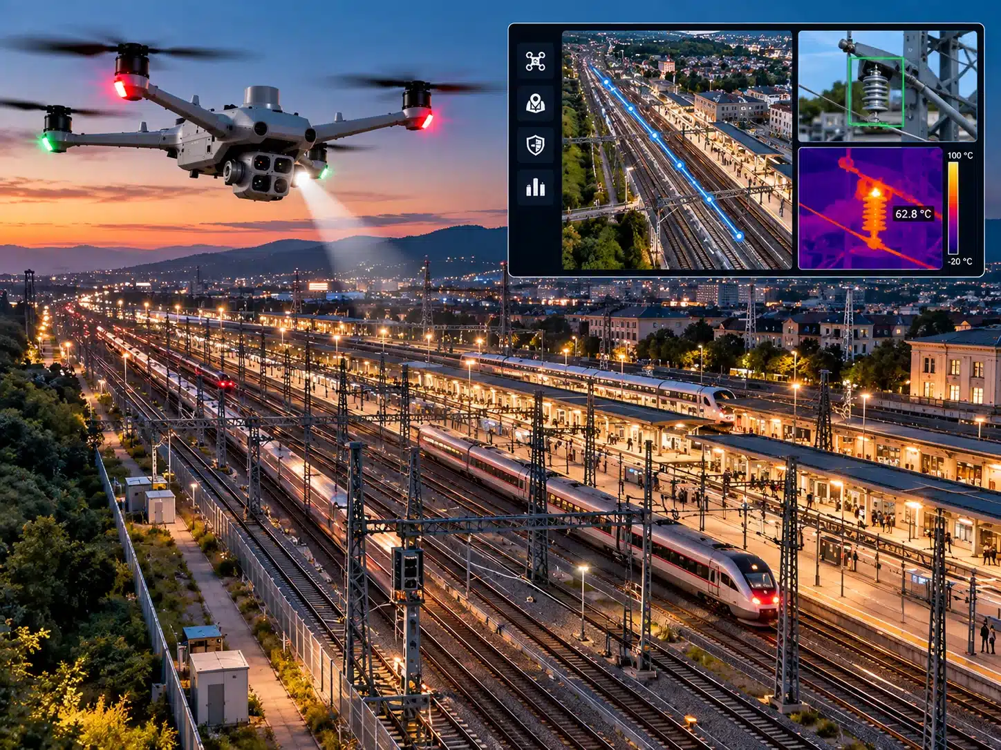 Drohne im Flug entlang einer Bahnstrecke zur Überwachung der Infrastruktur