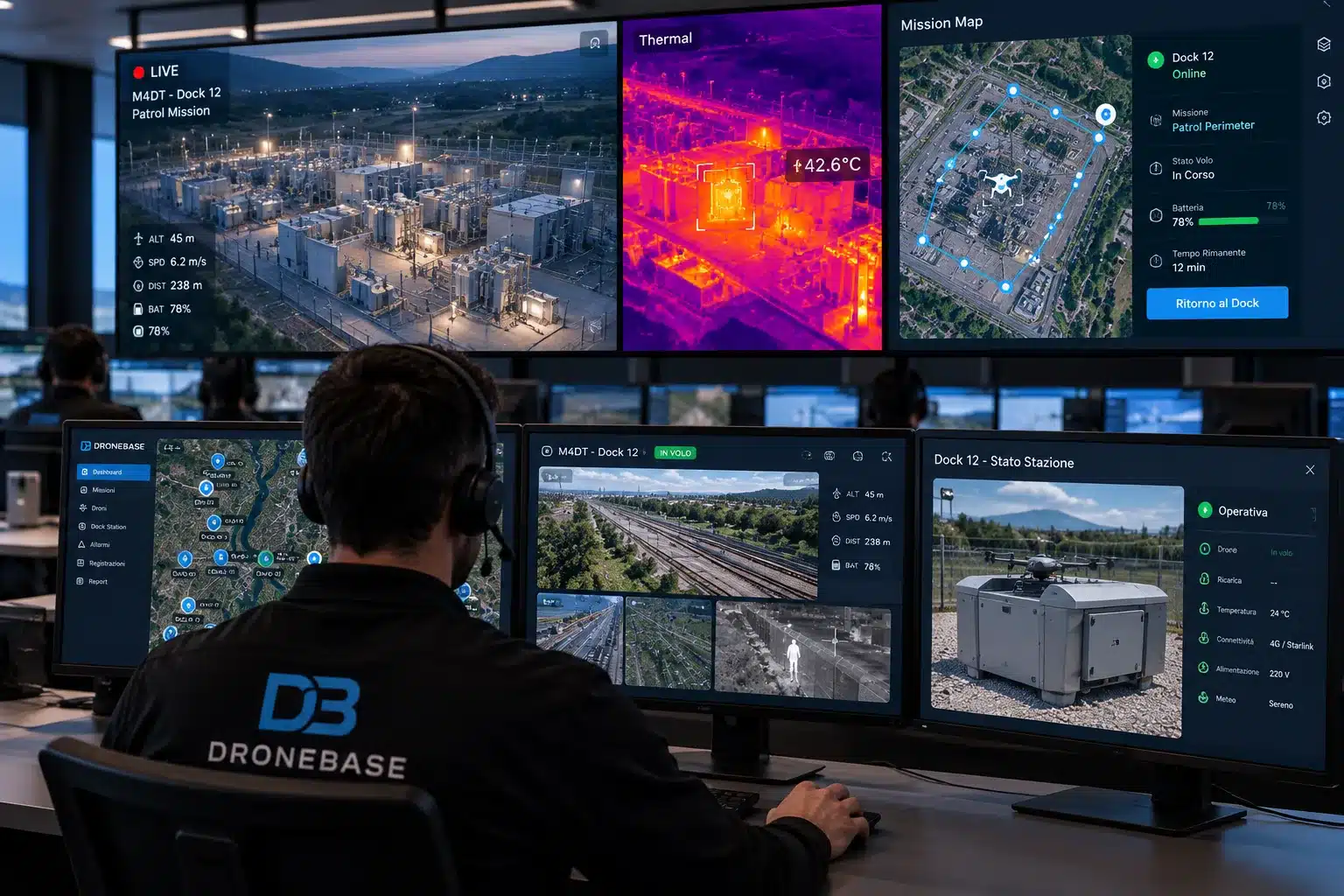 Centrale operativa droni DroneBase: sala di controllo con operatore e feed del drone