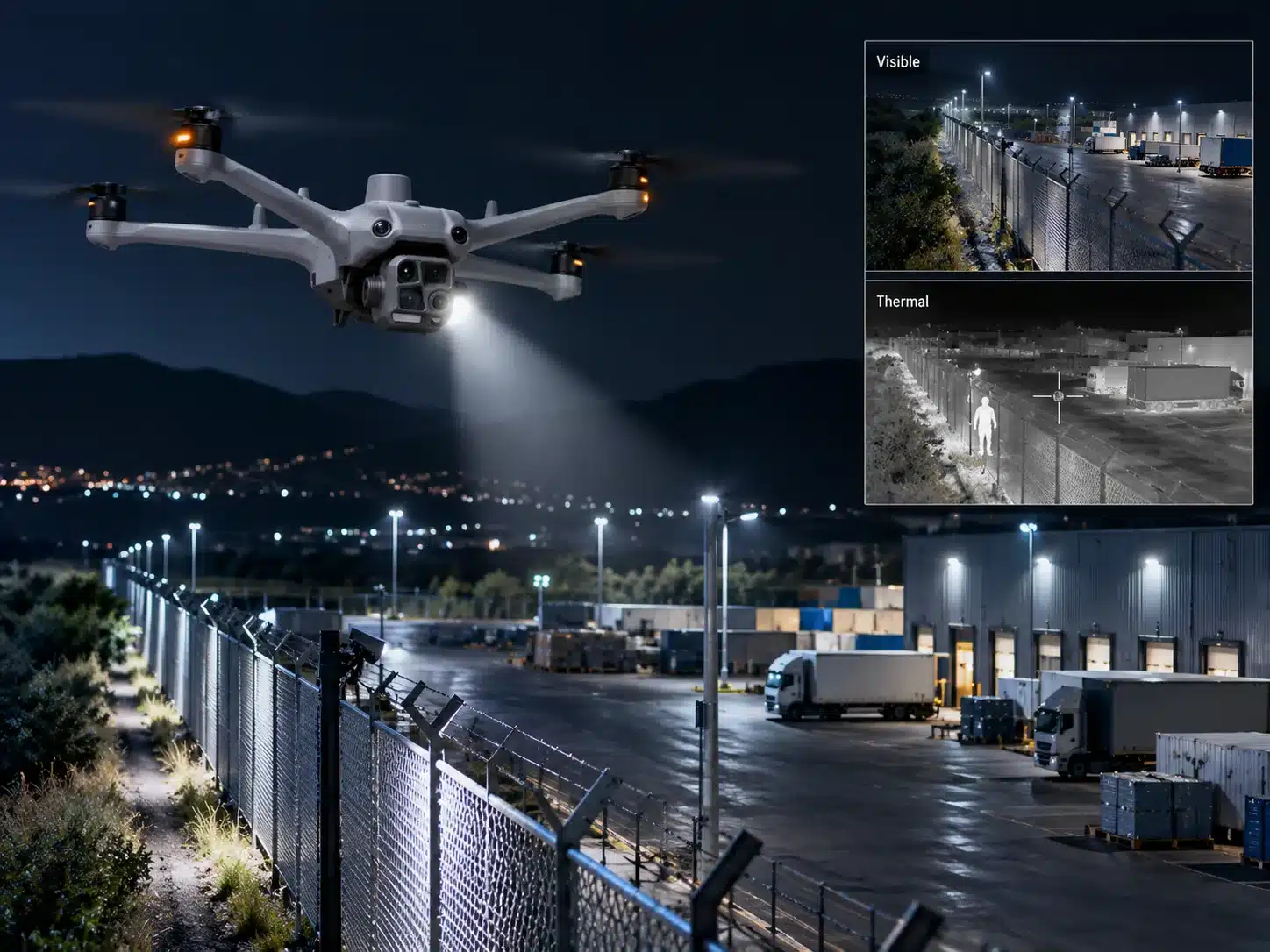 Nächtliche Patrouille mit Dock-Drohne entlang des Perimeters eines Logistikstandorts: sichtbare und thermische Ansicht für die Videoüberwachung