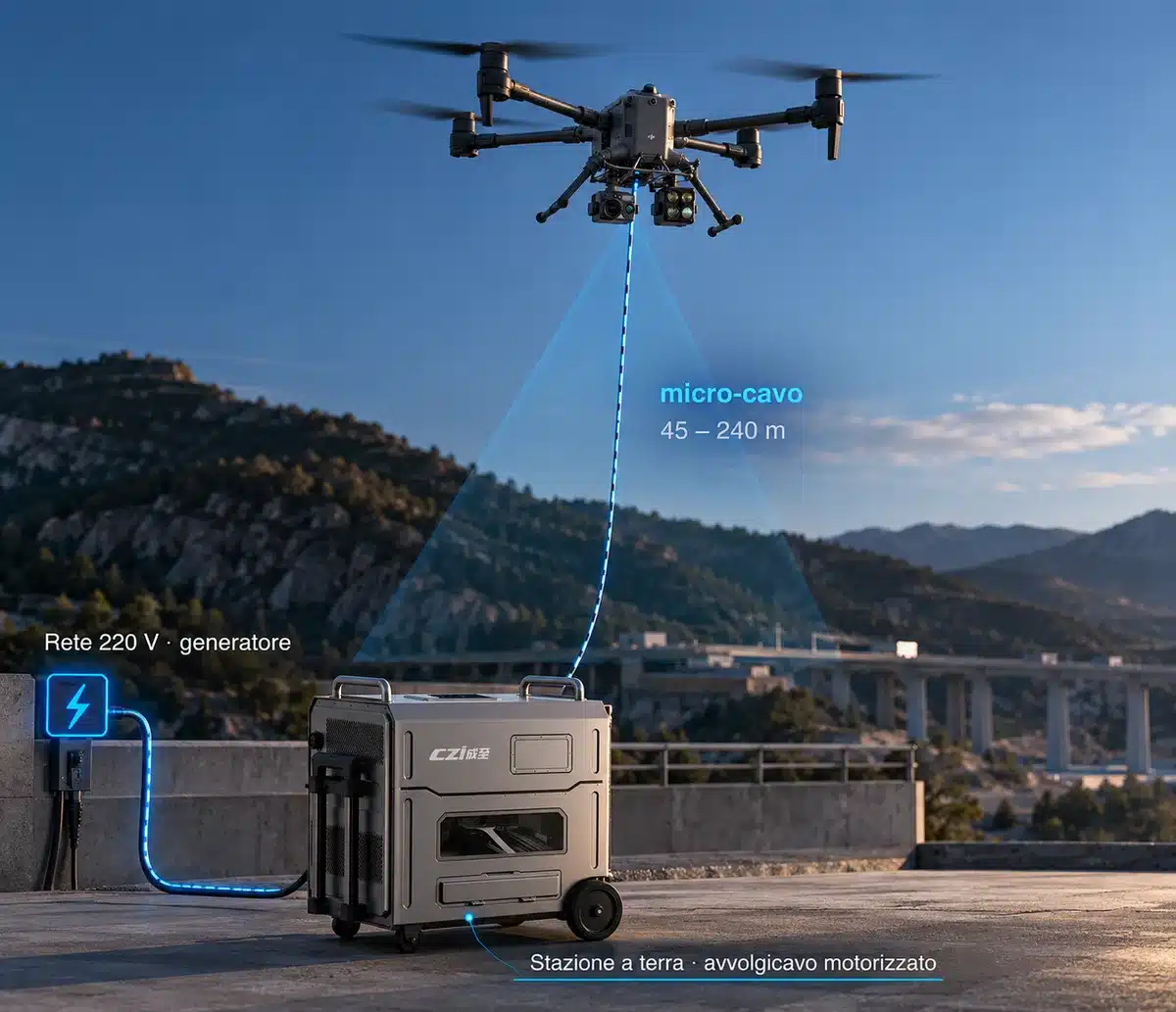 Tethered-System im Einsatz: DJI Matrice, über Mikrokabel vom Boden aus mit Strom versorgt