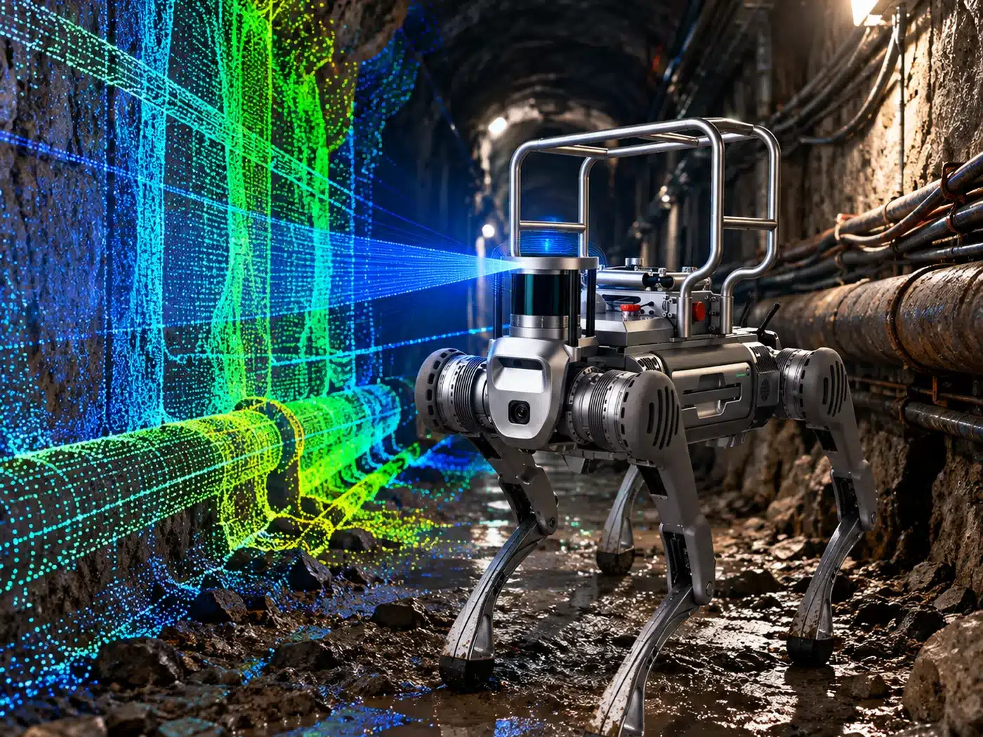 Vierbeiniger Roboter mit LiDAR in einem unterirdischen Tunnel: Die Punktwolke rekonstruiert Wände und Rohrleitungen während der Route
