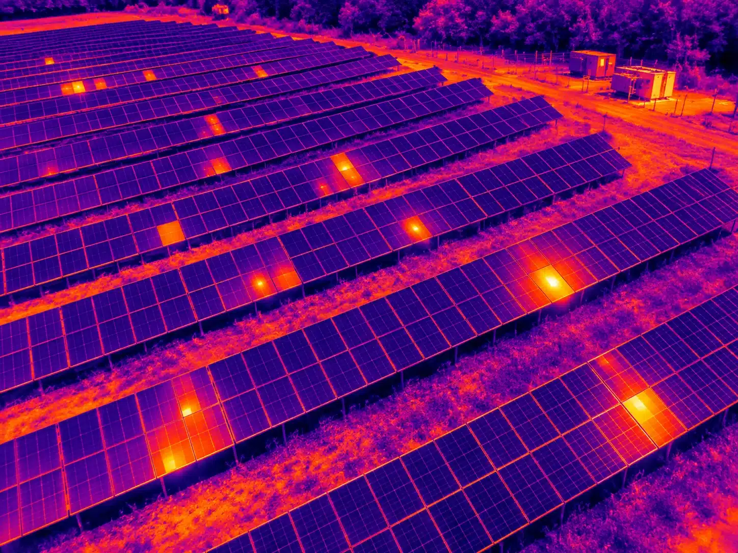 Thermografische Drohneninspektion von PV-Strings: Hotspot-Zellen auf einer Freiflächen-PV-Anlage hervorgehoben